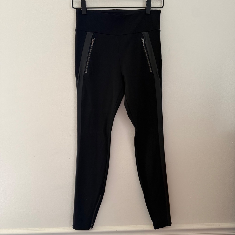 Athleta Black Moto Leggings Faux Leather Trim Zip Pockets Ankle Zip Size 6